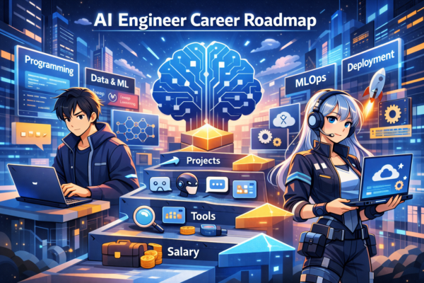 Illustration showing the step-by-step roadmap to becoming an AI engineer with skills, tools, and learning stages