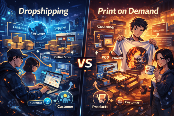Illustration explaining how dropshipping and print on demand ecommerce business models work