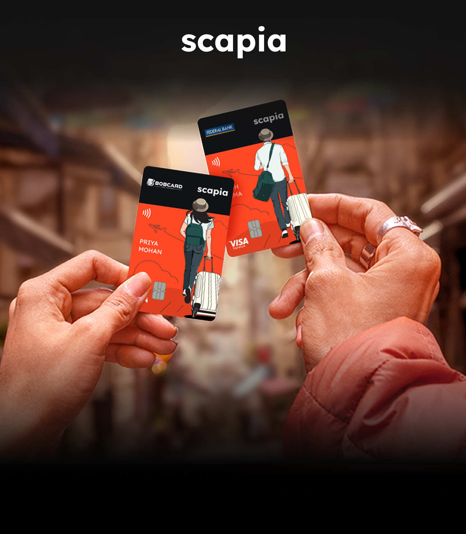 Comparison of Scapia and Niyo travel credit cards showing forex benefits and lounge access