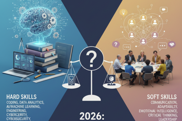 Illustration showing the balance between hard skills and soft skills required by employers in 2026
