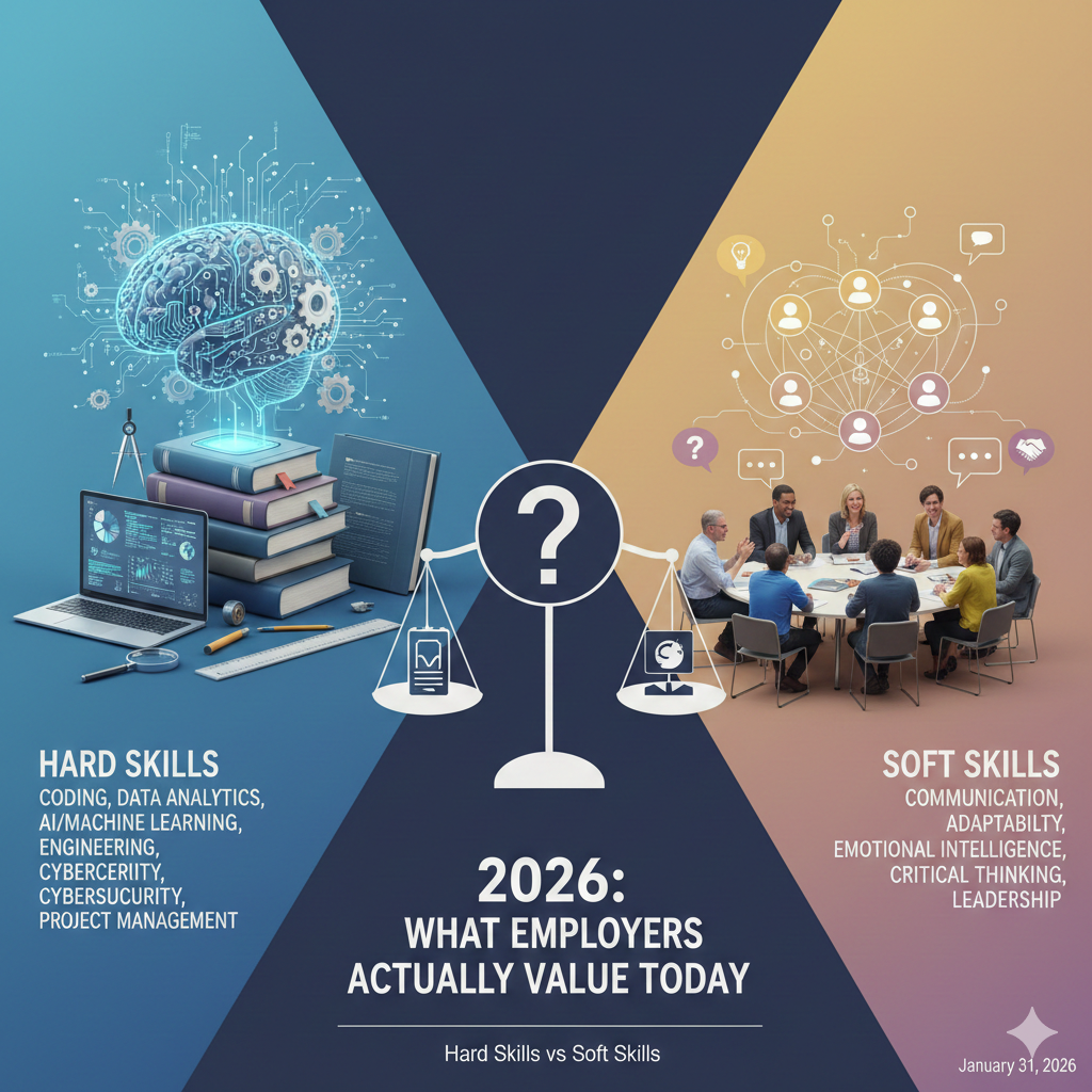 Illustration showing the balance between hard skills and soft skills required by employers in 2026