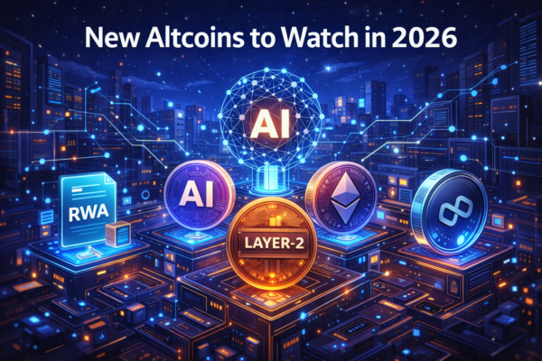 Cinematic illustration showing emerging altcoins and blockchain networks representing early-stage crypto trends in 2026