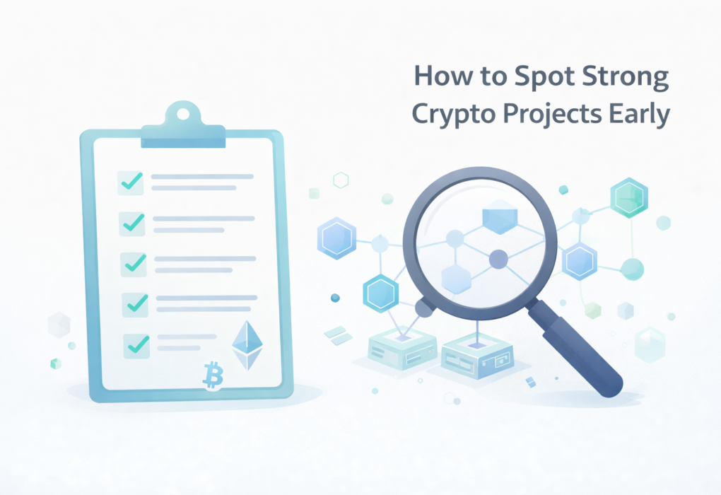 Minimal illustration showing crypto project analysis and investor checklist for evaluating blockchain projects