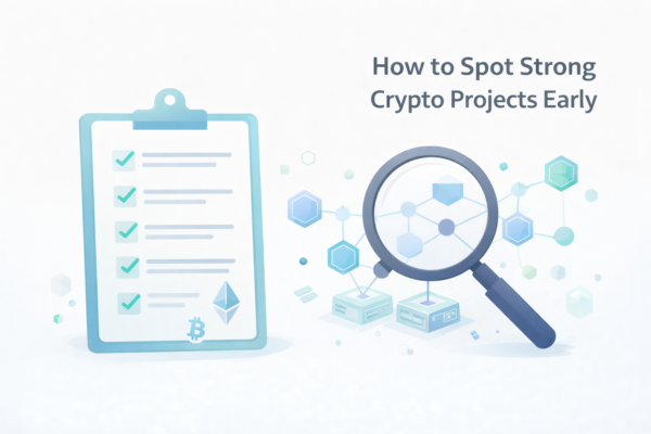 Minimal illustration showing crypto project analysis and investor checklist for evaluating blockchain projects