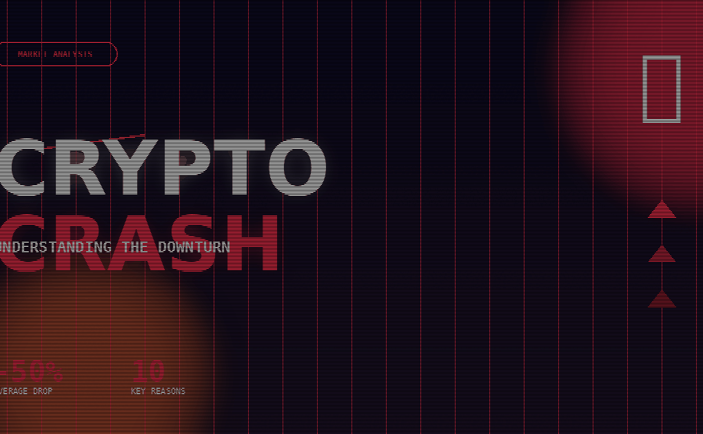 Graph showing cryptocurrency price decline with red downward arrows representing market crash and volatility